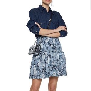 Ganni Blue Floral Georgette Smocked Mini Skirt